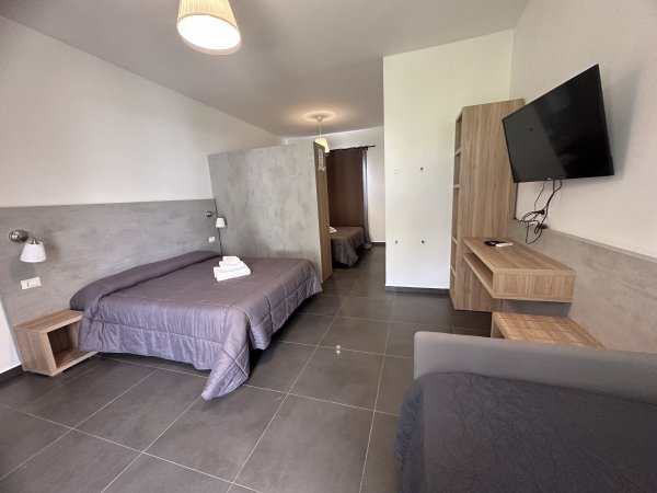 Camera con letto matrimoniale, TV e arredi moderni.