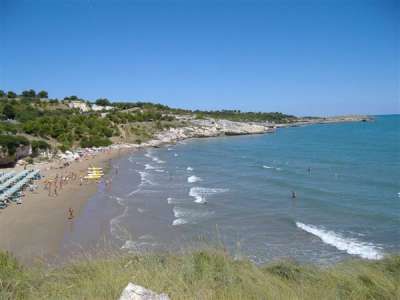 Una spiaggia sabbiosa con mare azzurro e colline verdi sullo sfondo.