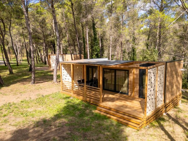 Bungalow moderno in legno tra gli alberi.