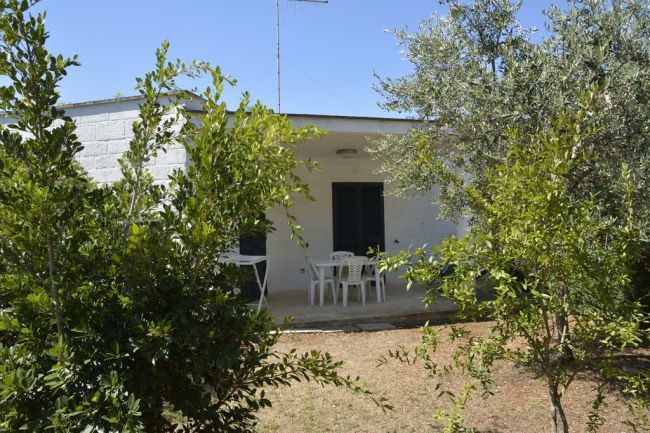 Piccola casa bianca con veranda e piante intorno.