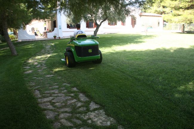 Trattore verde su prato accanto a un sentiero in pietra.
