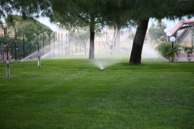 Irrigatori in funzione in un giardino verde con alberi.