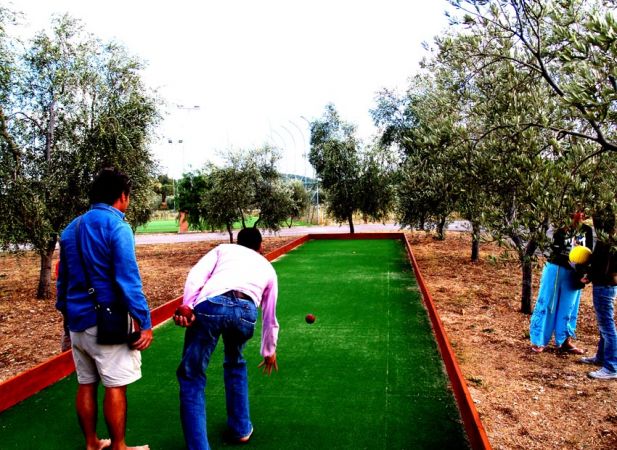 Persone giocano a bocce su un campo d'erba, circondato da alberi.